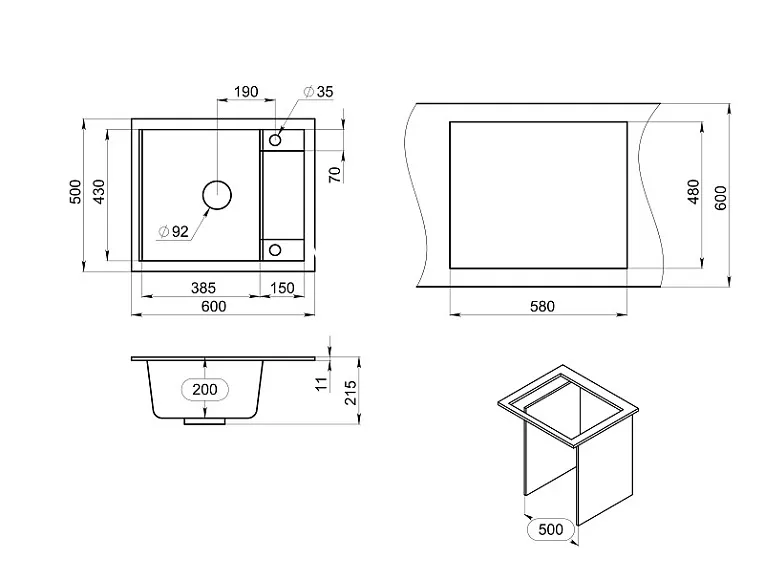 6002, ШВАРЦ (чёрный металлик), кухонная мойка, кварц GRANULA 6002-ST135 - Вид №3