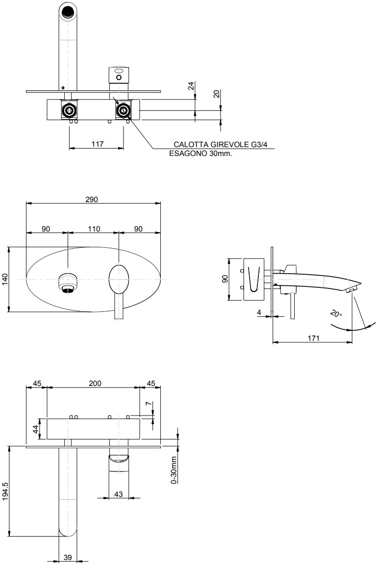 Rubinetterie Frattini Смеситель для раковины настенный без сливного крана Brera sun-id-1411657 - Вид №1