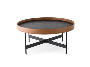 Круглый деревянный журнальный столик с кожаными деталями