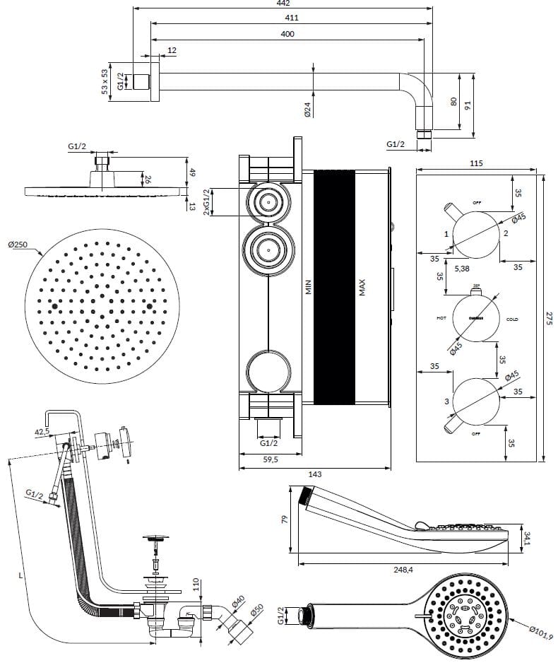 Набор термостатических ванн с ручным душем и душем OMNIRES Y ARCH-00121649 - Вид №2