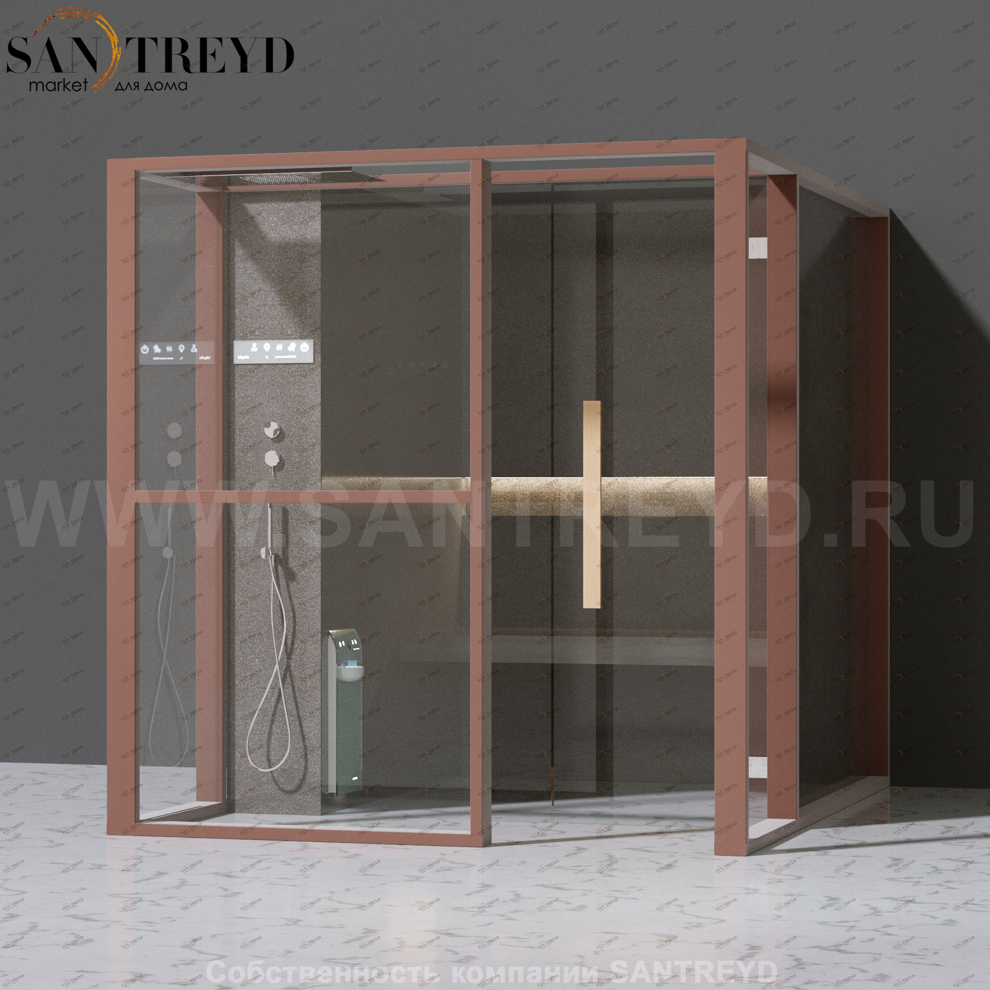 Effegibi LOGICAFILO H LO31030002 Хаммам. Установка: к стене. Левая дверь. Мощность: 4,5 кВт макс. Размеры: длина 214 см, ширина 250 см. Отделка: матовый лакированный коричневый аллюминий и темный ламинат из керамогранита.