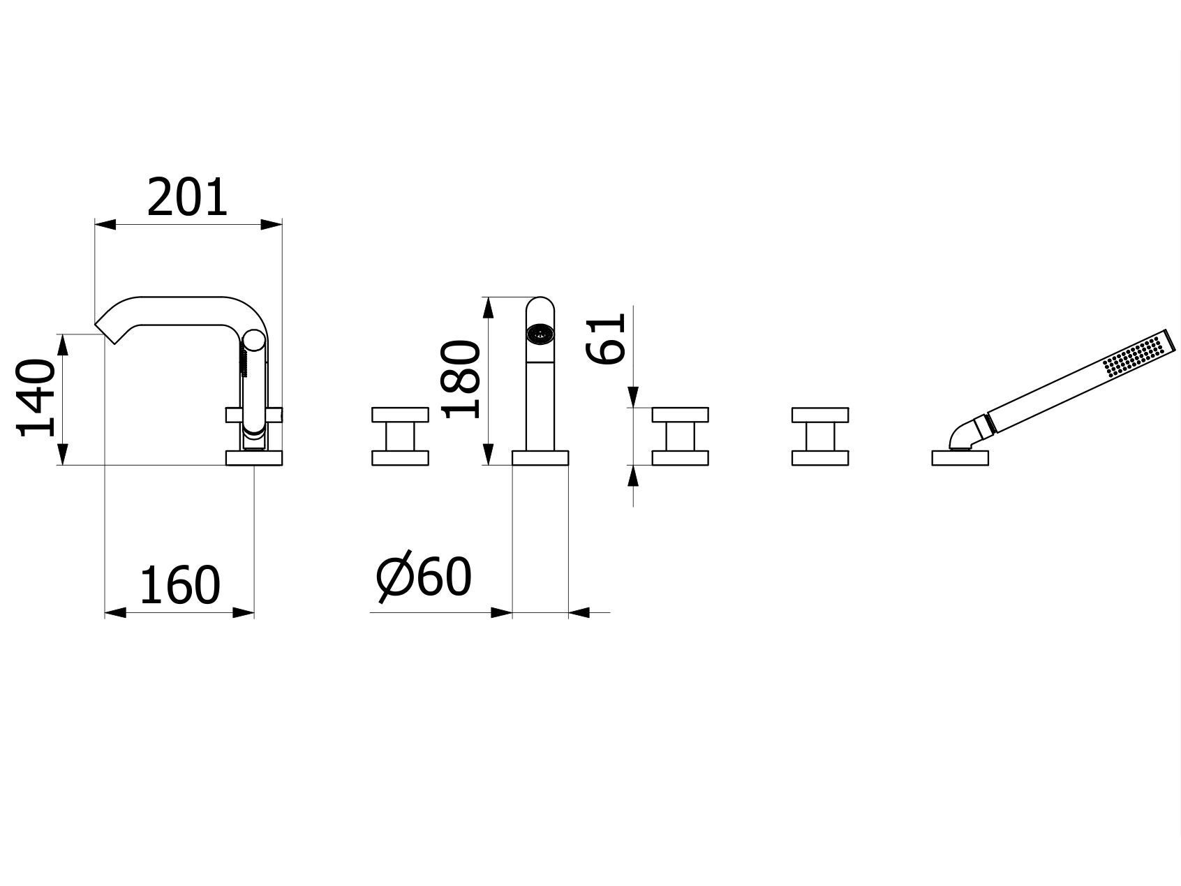 Смеситель для ванны с 5 отверстиями из нержавеющей стали с переключателем и ручным душем IB ARCH-00102144 - Вид №2