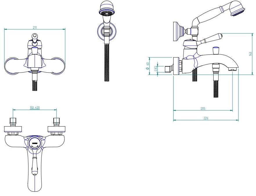 ZAZZERI Смеситель для ванны настенный с ручным душем 900 sun-id-1438685 - Вид №1