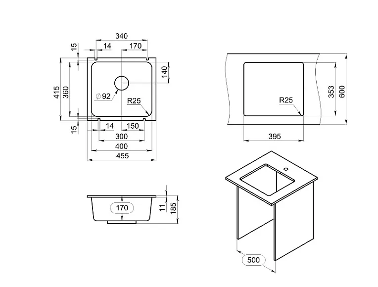 3601, ШВАРЦ (чёрный металлик), кухонная мойка, кварц GRANULA 3601-ST81 - Вид №3