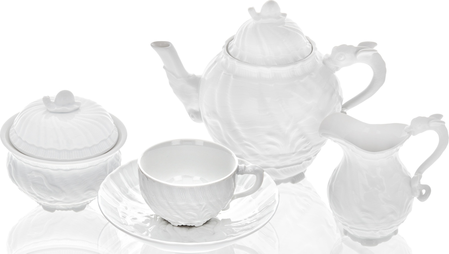 10666089 Meissen Сервиз чайный "Лебединый сервиз" (белый рельеф) на 6 персон 15 предметов Фарфор 