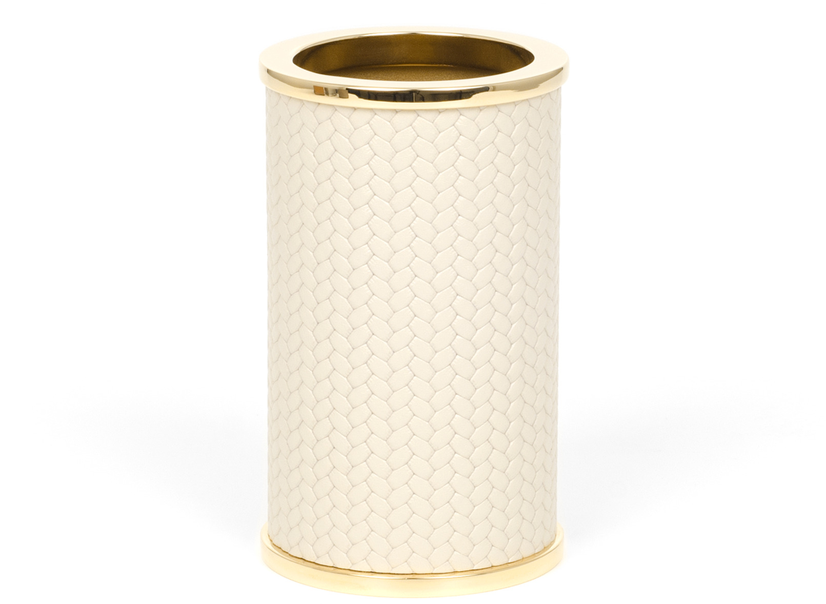 Круглый держатель для зубных щеток Olimpia - Ø 6,5XH11 см / металл-отделка_золото / плетеная кожа_кремовый