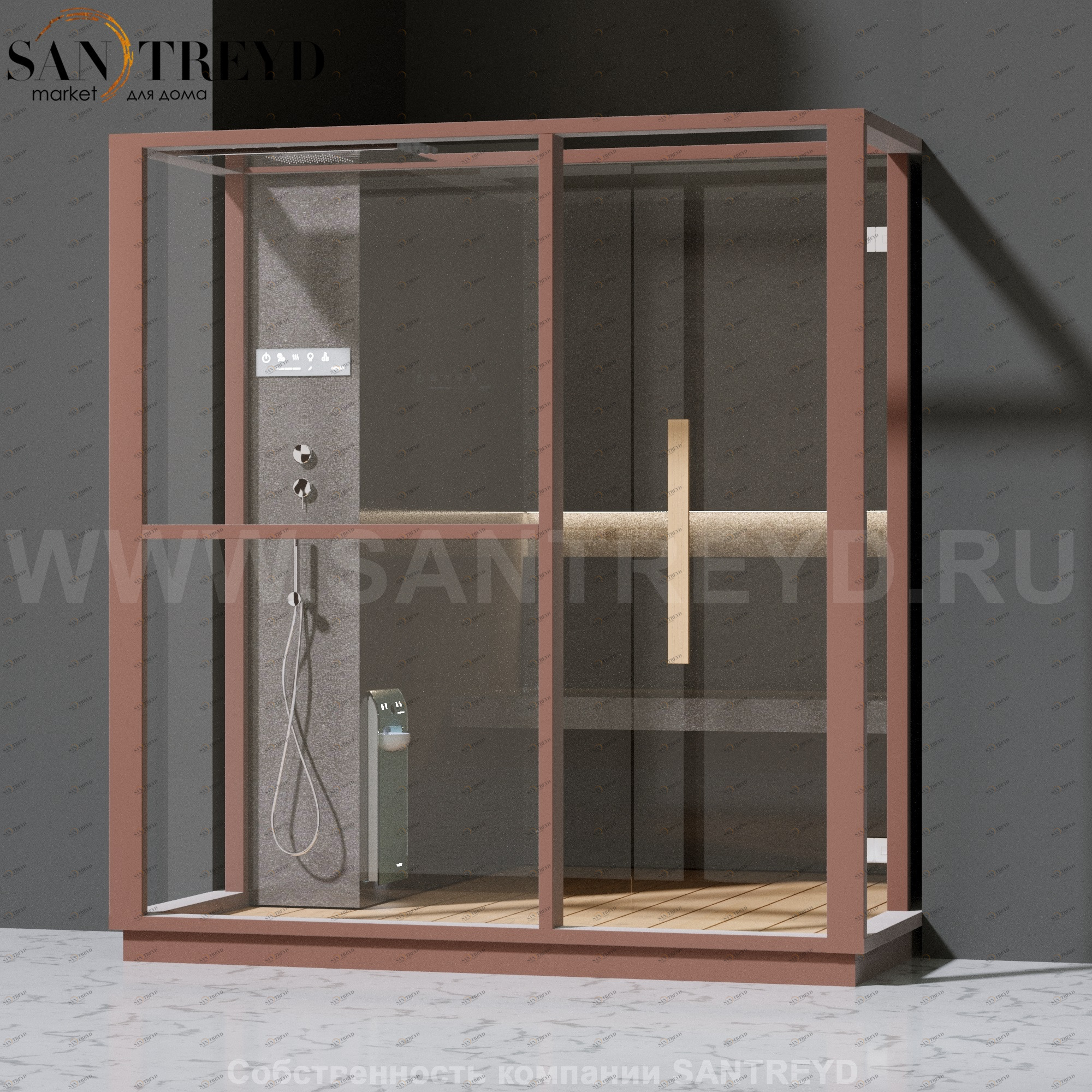 Effegibi LOGICA H LO30030012 Хаммам. Установка: в полунишу. Левая дверь. Мощность: 4,5 кВт макс. Размеры: длина 214 см, ширина 250 см. Отделка: матовый лакированный коричневый аллюминий и темный ламинат из керамогранита.