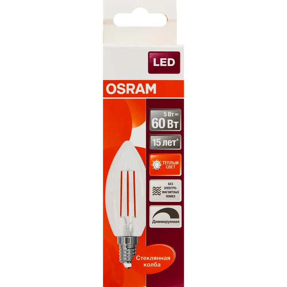 Лампа светодиодная филаментная Osram E14 220 В 5 Вт свеча прозрачная 520 лм тёплый белый свет, для диммера STLM-2046185 - Вид №5