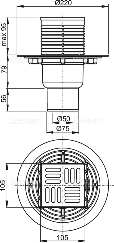 Сливной трап 105×105/50/75 мм прямой сток, решетка из нержавеющей стали, гидрозатвор комбинированный SMART ALCAPLAST APV2321 - Вид №1