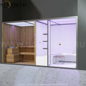 Effegibi BODYLOVE SH BL40250001 Фронтальная комбинированная баня: хаммам и сауна. Установка: в нишу. Мощность: 15 кВт макс. Размеры: длина 393 см, ширина 176 см. Отделка: термообработанная древесина без отделки.