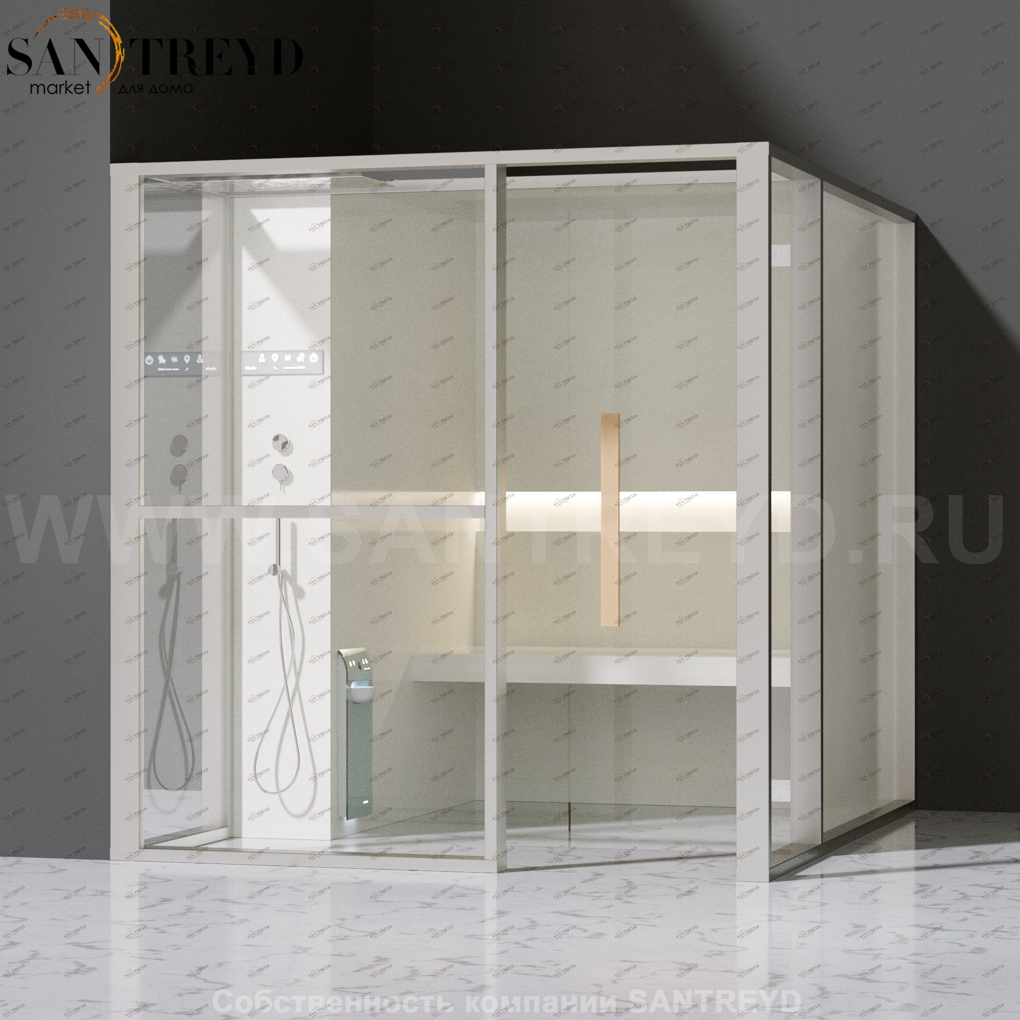 Effegibi LOGICAFILO H LO31020006 Хаммам. Установка: в левый угол. Левая дверь. Мощность: 4,5 кВт макс. Размеры: длина 214 см, ширина 250 см. Отделка: матовый лакированный белый аллюминий и серый ламинат из керамогранита.