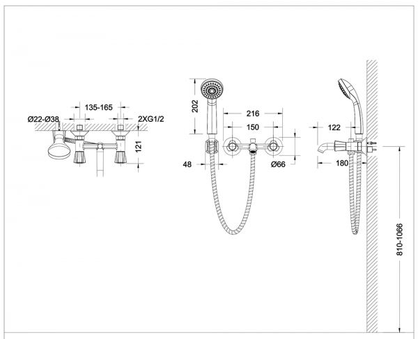 Смеситель для ванны с коротким изливом и аксессуарами DUO F6133186CP-B-RUS bravat - Вид №3