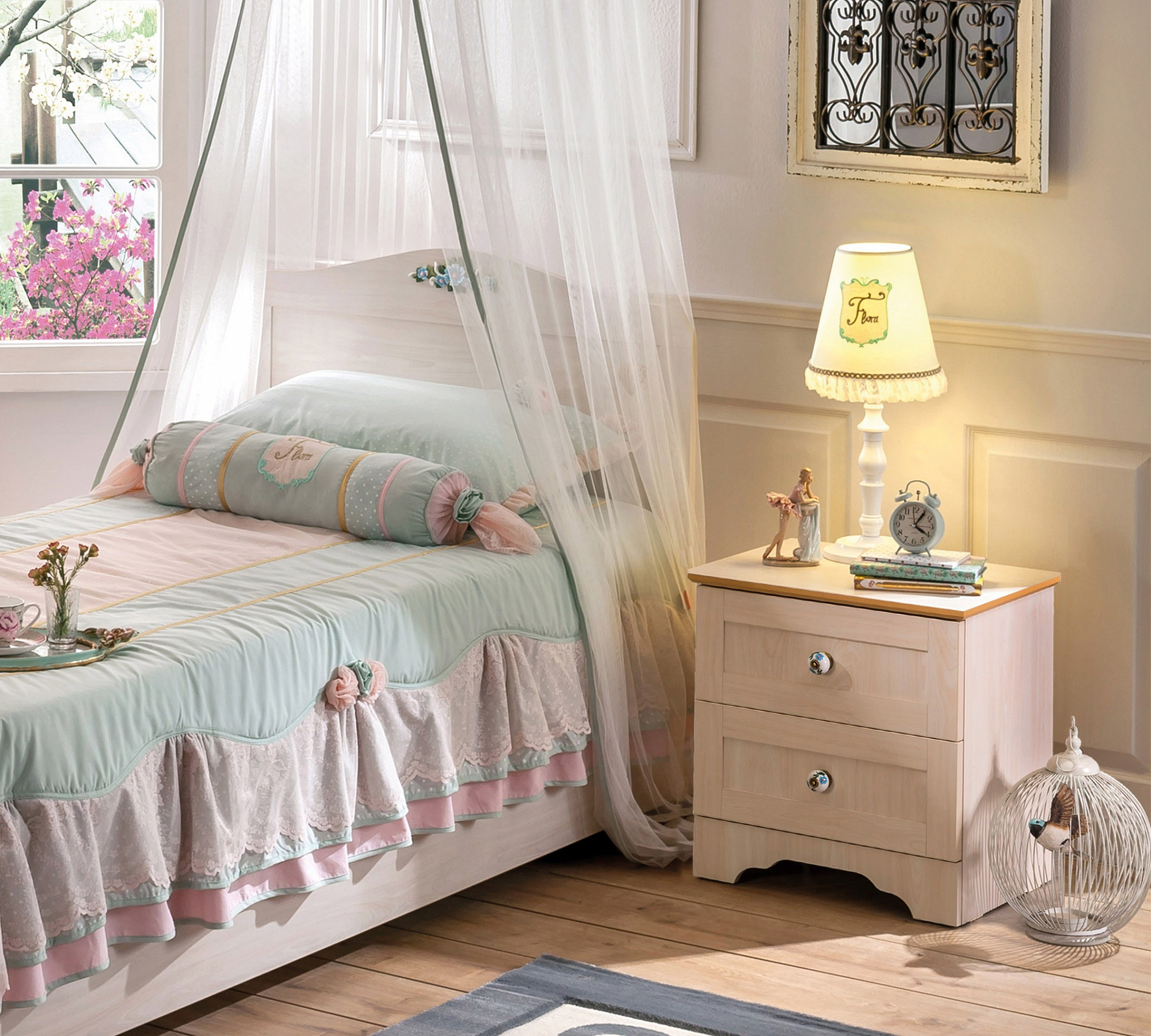 Прикроватная тумбочка с 2 ящиками беленый дуб Flower CILEK FLOWER 00-3832587 Бежевый Santreyd - Вид №2