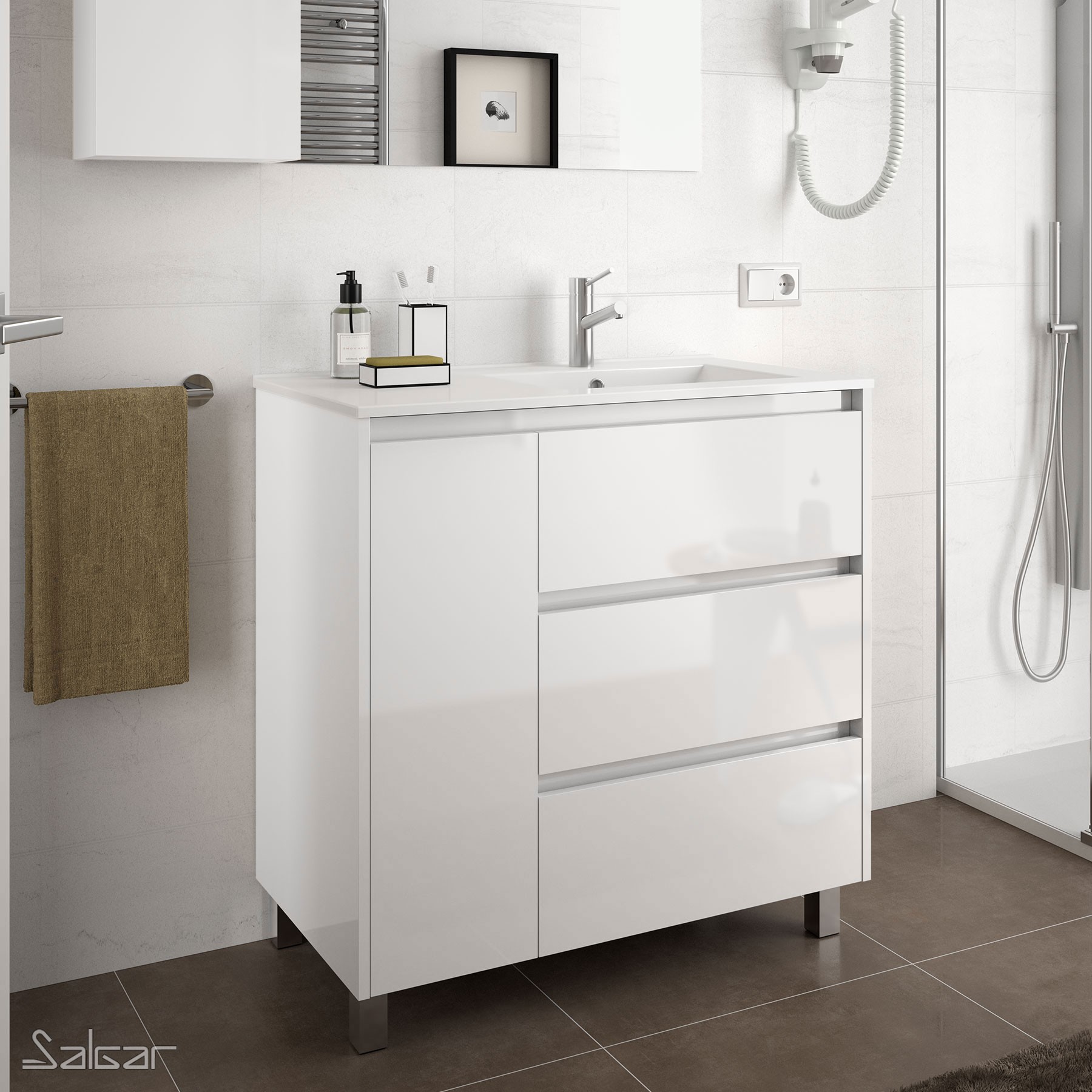 85127 SALGAR Мебель под умывальник ARENYS 855 1 дверь левая WHITE GLOSS LACQUERED + Раковина Глянцевый белый