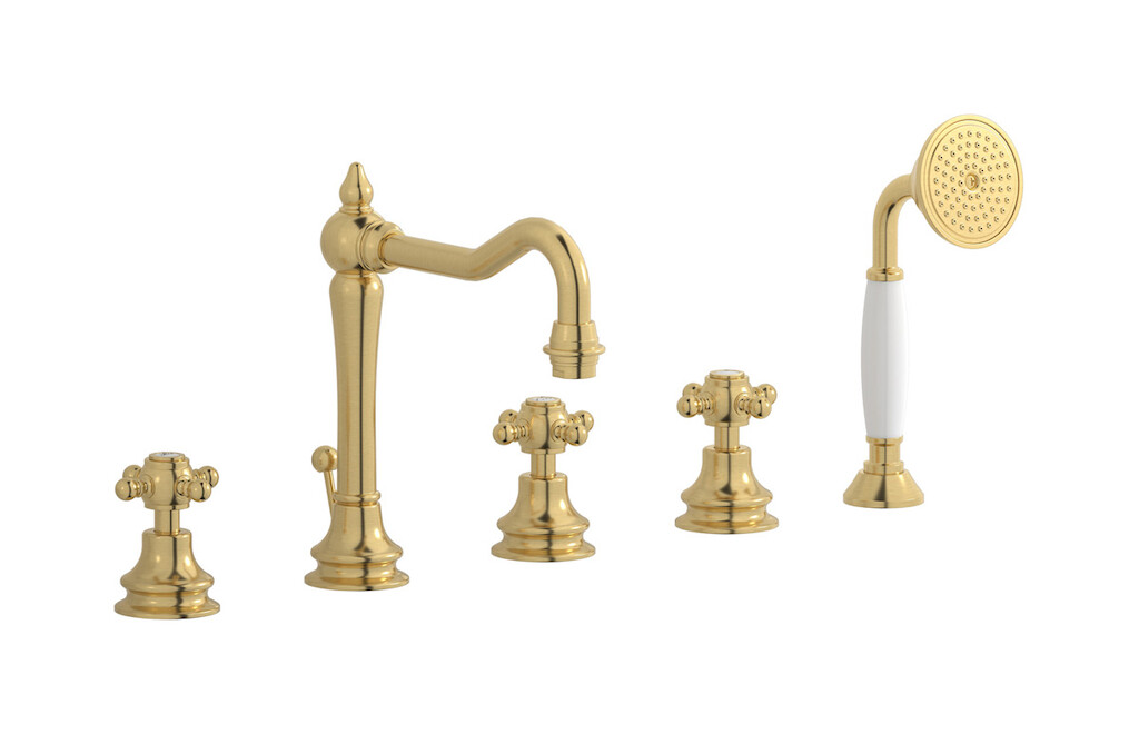 Смеситель на бортик ванной на 5 отверстий с дивертером и душевым гарнитуром. WE ARE IB hr396os Brushed Gold Hermes