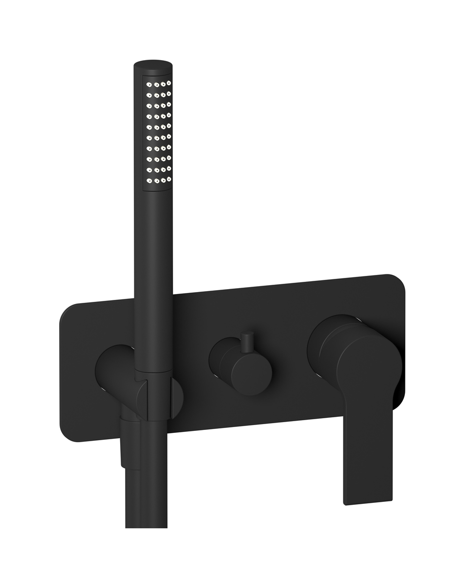 Внешние части встроенного в стену смесителя на 3 потребителя в комплекте с душевым гарнитуром. WE ARE IB wo700ss Matt Black Whynot