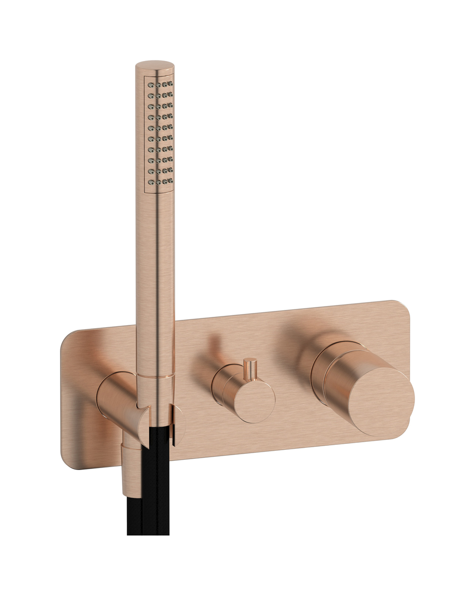 Внешние части встроенного в стену смесителя на 2 потребителя в комплекте с душевым гарнитуром. WE ARE IB rr313sr Brushed Rose Gold Brera