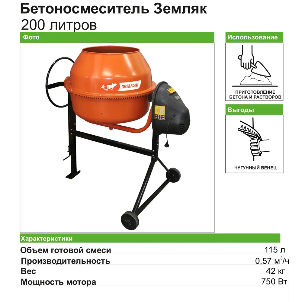 Бетоносмеситель ЗЕМЛЯК БСЭ-200 с двухколесной конструкцией 82305246 STLM-0024295 - Вид №2