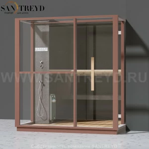 Effegibi LOGICA H LO30030016 Хаммам. Установка: в правый  полуугол. Левая дверь. Мощность: 4,5 кВт макс. Размеры: длина 214 см, ширина 250 см. Отделка: матовый лакированный коричневый аллюминий и темный ламинат из керамогранита.