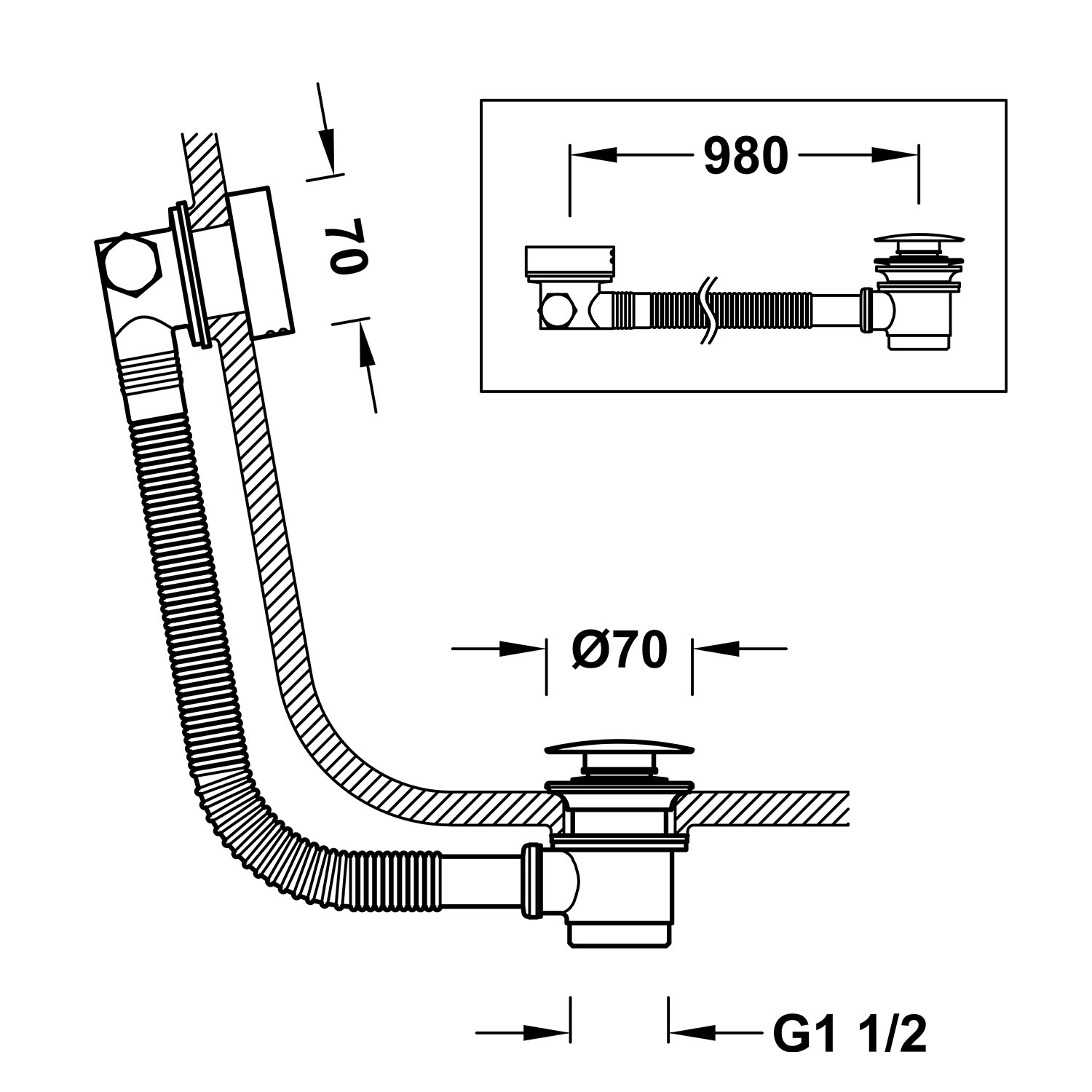 Квадратный дренажный и наполнительный клапан Click-clack с переливом для ванны-03453440NM TRES Drain - Вид №1