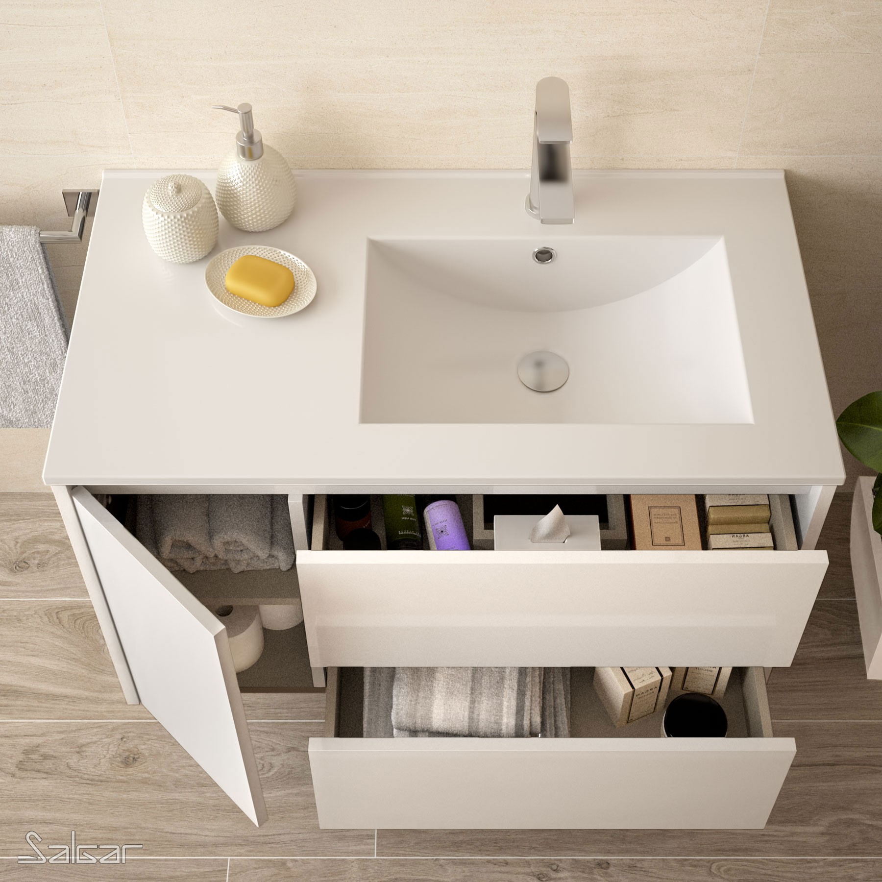 85066 SALGAR Мебель для умывальника NOJA 855 1 левая дверь WHITE GLOSS LACQUERED + Раковина Глянцевый белый - Вид №1