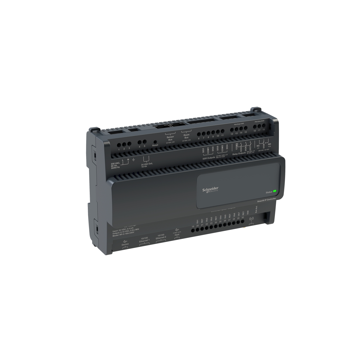 SXWRCF16A10002 Контроллер RP-C-16A-F-230V, 8 универсальных точек типа b, 8 реле, 2×Ethernet, BACnet/IP, RoomBus, SensorBus, BLE ~230В Schneider Electric EcoStruxure Building Operation 