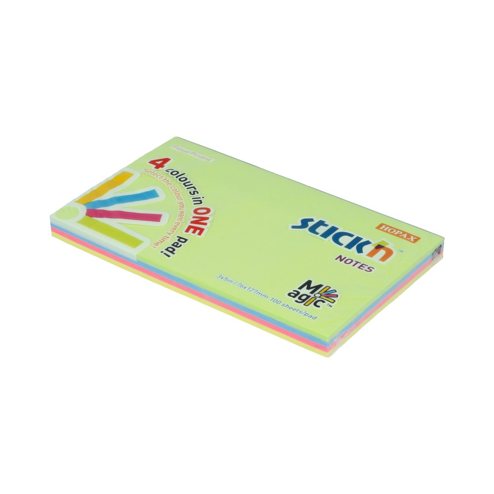 21573 Блок самоклеящийся бумажный Magic 70 г/м2 100 л. неон 4 цвета в упаковке Stick`n 