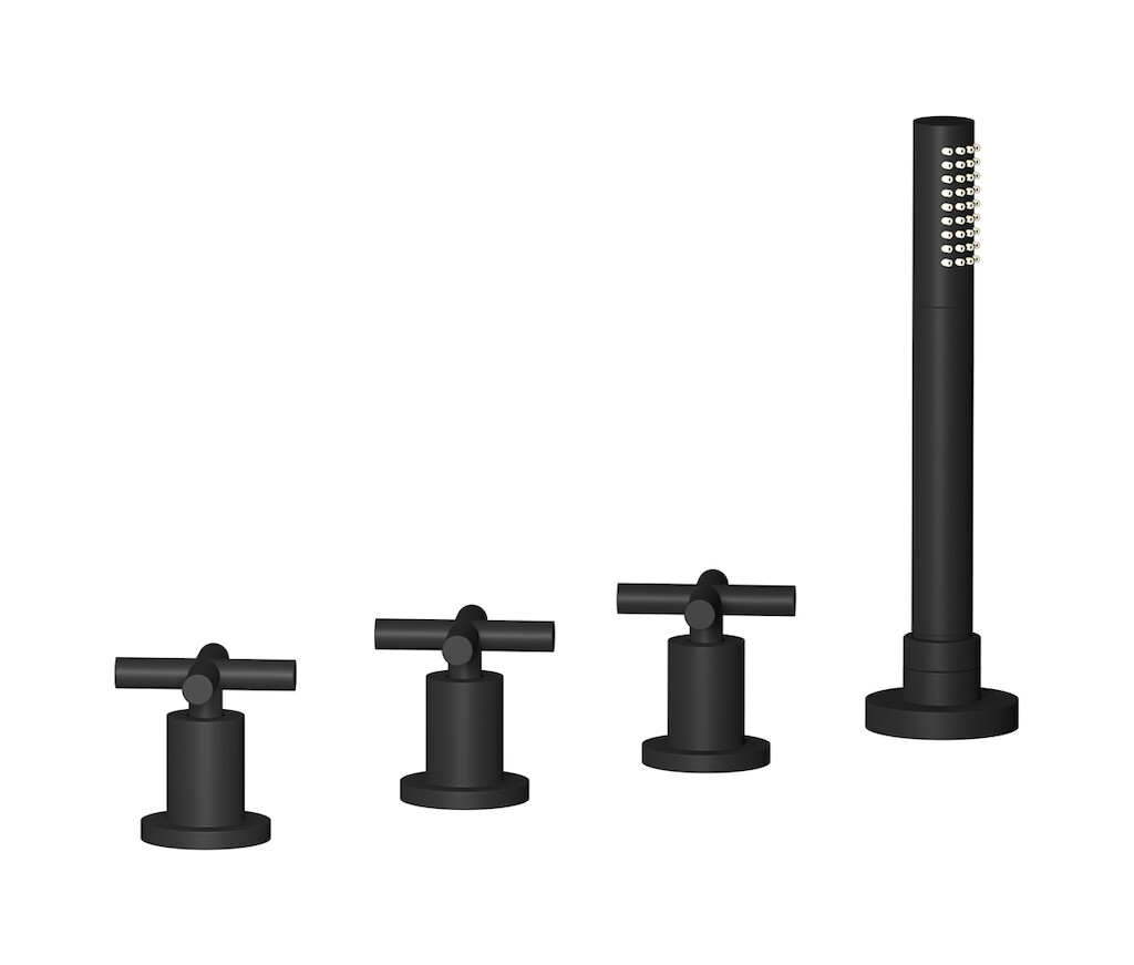 Смеситель на бортик ванной на 4 отверстия с изливом, дивертером и душевым гарнитуром. WE ARE IB yp312np Matt Black WOW