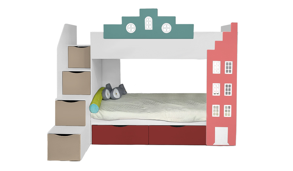 Кровать подростковая двухъярусная с 2 ящиками правая "Амстердам" МАНДАРИН АМСТЕРДАМ 179537 Разноцветный;белый;красный Santreyd  - Вид №1