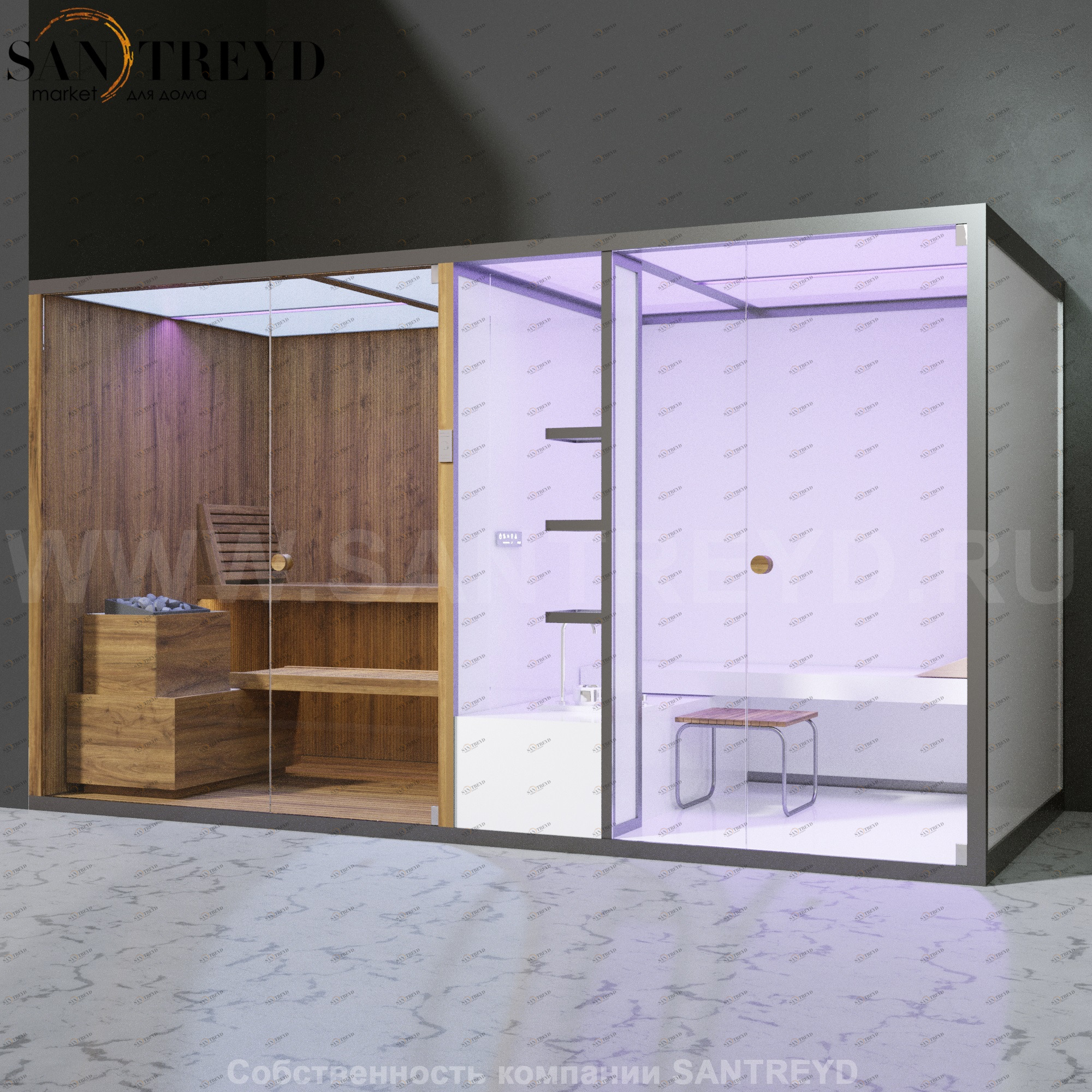 Effegibi BODYLOVE SH BL40250003 Фронтальная комбинированная баня: хаммам и сауна. Установка: в левый угол. Мощность: 15 кВт макс. Размеры: длина 393 см, ширина 176 см. Отделка: термообработанная древесина без отделки.