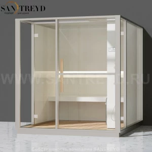 Effegibi LOGICA H LO30020001 Хаммам. Установка: к стене. Правая дверь. Мощность: 4,5 кВт макс. Размеры: длина 214 см, ширина 250 см. Отделка: матовый лакированный белый аллюминий и серый ламинат из керамогранита.