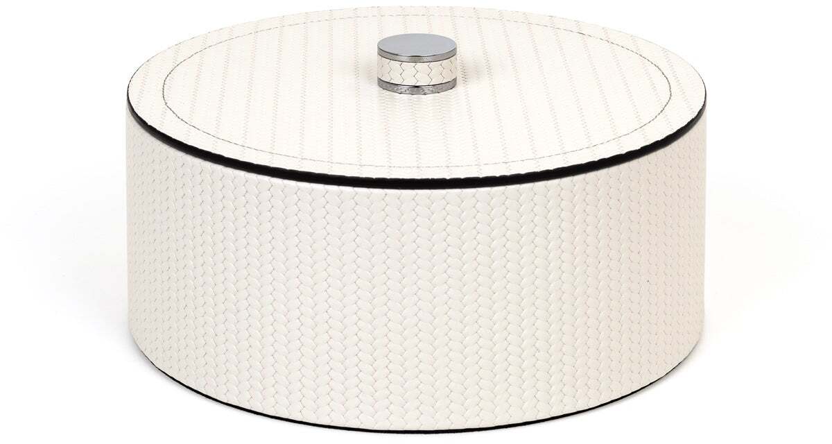 Круглая шкатулка Lucy - Ø 20XH8 см / хромированная металлическая отделка / зернистая кожа_светло-серый