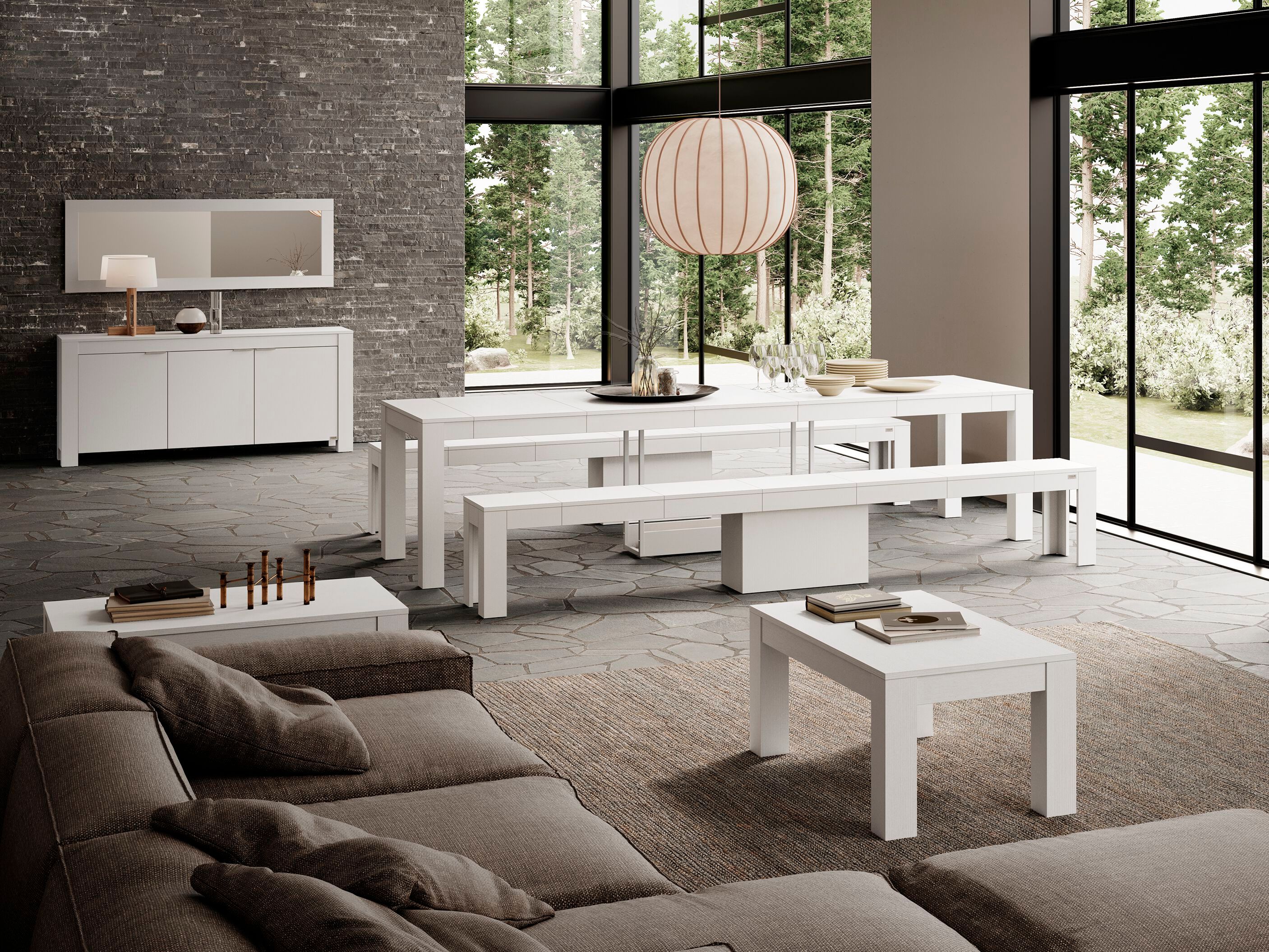 Выдвижная консоль из белого ясеня с 2 скамейками Mobili Fiver Rachele ARCH-00132193 - Вид №4