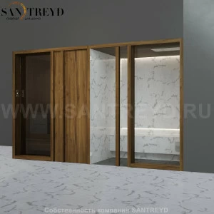 Effegibi YOKU.D SH YO.20310002 Комбинированная баня: хаммам и сауна. Установка: в правый угол. Мощность: 10,5 кВт макс. Размеры: длина 342 см, ширина 170 см. Отделка: чёрный орех и светлый керамогранит