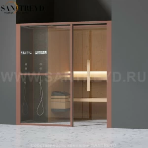 Effegibi LOGICAFILO S LO21030010 Сауна. Установка: в нишу. Левая дверь. Мощность: 6 кВт макс. Размеры: длина 214 см, ширина 250 см. Отделка: канадский хемлок, матовый лакированный коричневый аллюминий и темный ламинат из керамогранита.