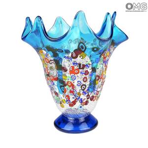 3055 ORIGINALMURANOGLASS Ваза Лазурный гибискус - серебро и миллефиори - Original Murano Glass OMG 18 см