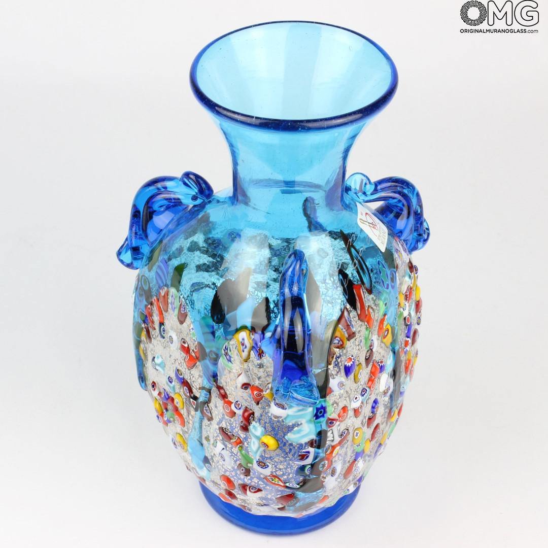 2165 ORIGINALMURANOGLASS Голубая ваза-амфора из муранского стекла с мурринами миллефиори и серебром 14 см  - Вид №1