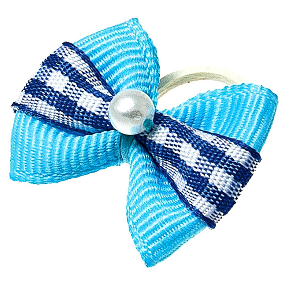 ПР0047672 Бантик (пара) голубой с полоской в син. квадрат + бусинка V.I.PET 