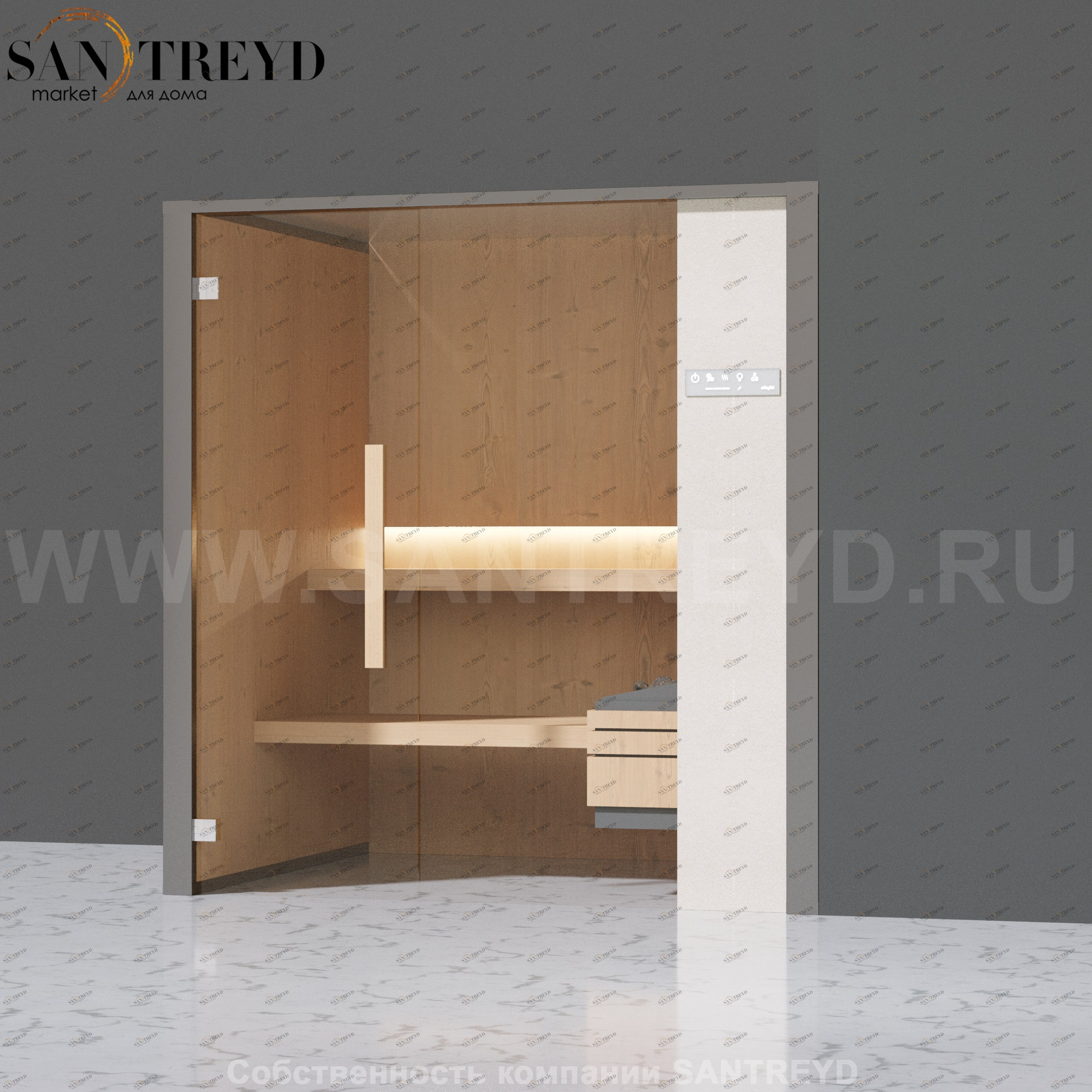 Effegibi ONEFILO S LO51010007 Сауна. Установка: в правый угол. Правая дверь. Мощность: 4,5 кВт макс. Размеры: длина 214 см, ширина 171 см. Отделка: матовый лакированный серый аллюминий и бежевый ламинат из керамогранита.