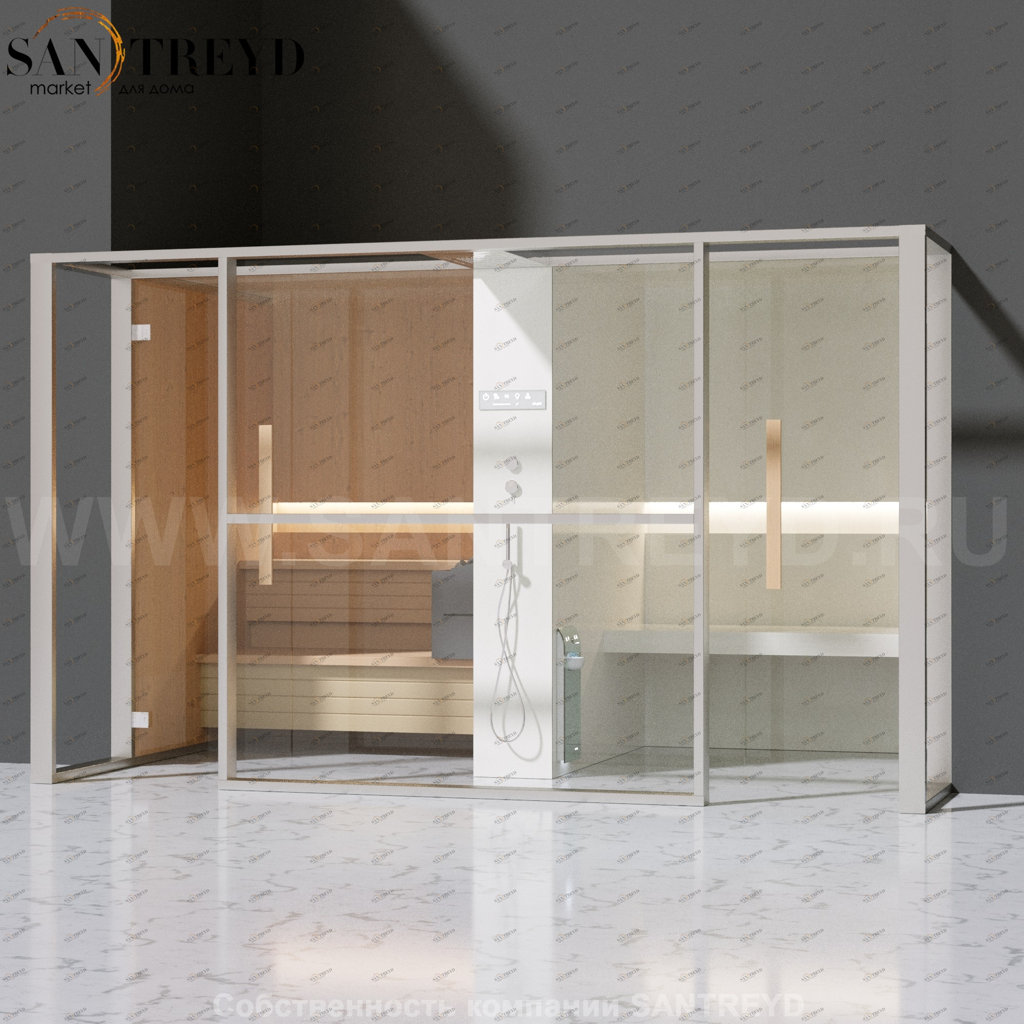 Effegibi LOGICAFILO LO11020007 Комбинированная баня: хаммам и сауна. Установка: в полунишу. Мощность: 10,5 кВт макс. Размеры: длина 373 см, ширина 250 см. Отделка: канадский хемлок, матовый лакированный белый аллюминий и серый ламинат из керамогранита.