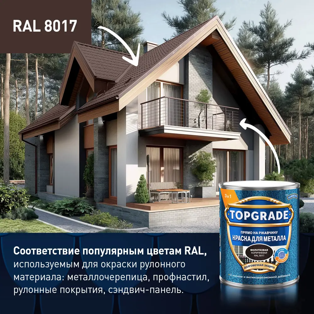 Грунт-эмаль по металлу 3 в 1 Topgrade молотковая цвет коричневый 2 л STLM-2150958 - Вид №6