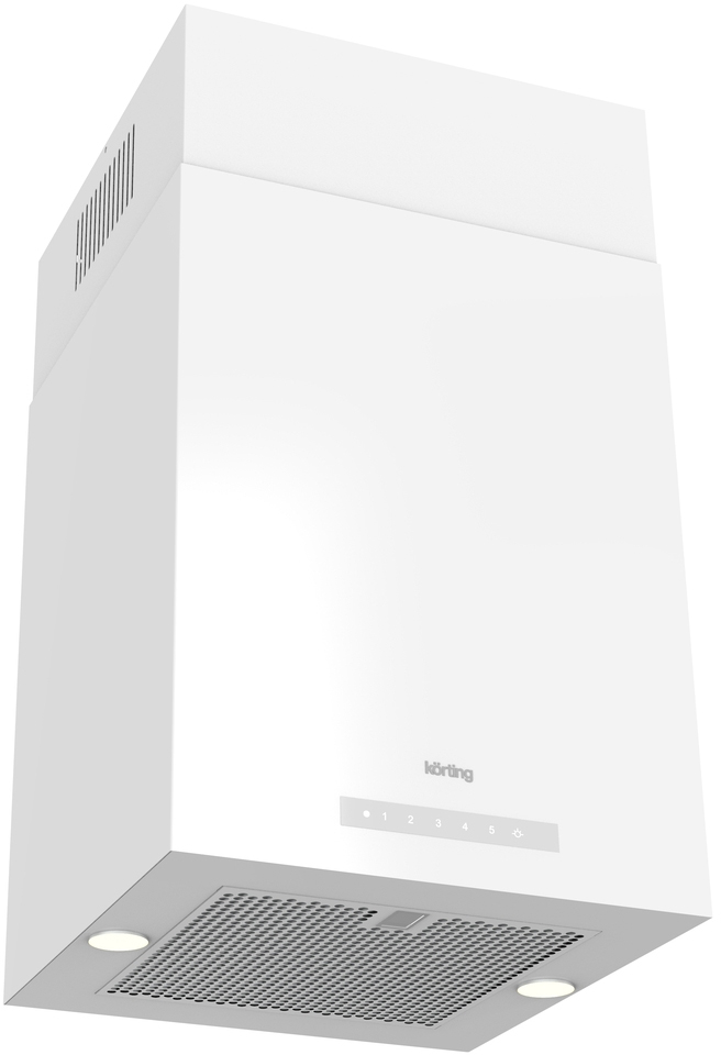 KHA 45970 W Cube Вытяжки / островная, ширина 45 см, электронное сенсорное управление touch control, 5 режимов, 950 м3/ч., пульт ду, таймер, алюминиевый жировой фильтр, 2 led лампы освещения, гольный фильтр в комплекте,, цвет - белый Korting Santreyd 