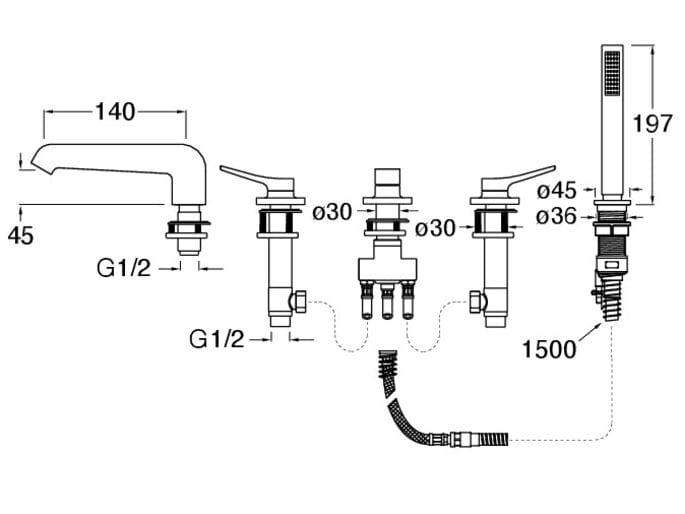 Смеситель для ванны с 5 отверстиями и переключателем CRISTINA Rubinetterie бочка ARCH-00104873 - Вид №2