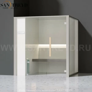 Effegibi ONEFILO H LO61020006 Хаммам. Установка: в левый угол. Левая дверь. Мощность: 4,5 кВт макс. Размеры: длина 214 см, ширина 171 см. Отделка: матовый лакированный белый аллюминий и серый ламинат из керамогранита.