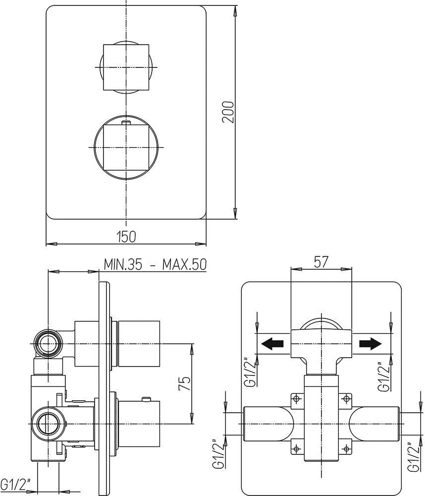 Paini Dax 84CR691TH смеситель встраиваемый для душа с дивертором  - Вид №2