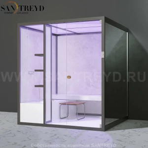 Effegibi BODYLOVE H BL30010007 Хаммам. Установка: к стене. Мощность: 7 кВт макс. Размеры: длина 200 см, ширина 176 см. Отделка: светлый керамогранит и зеркало.