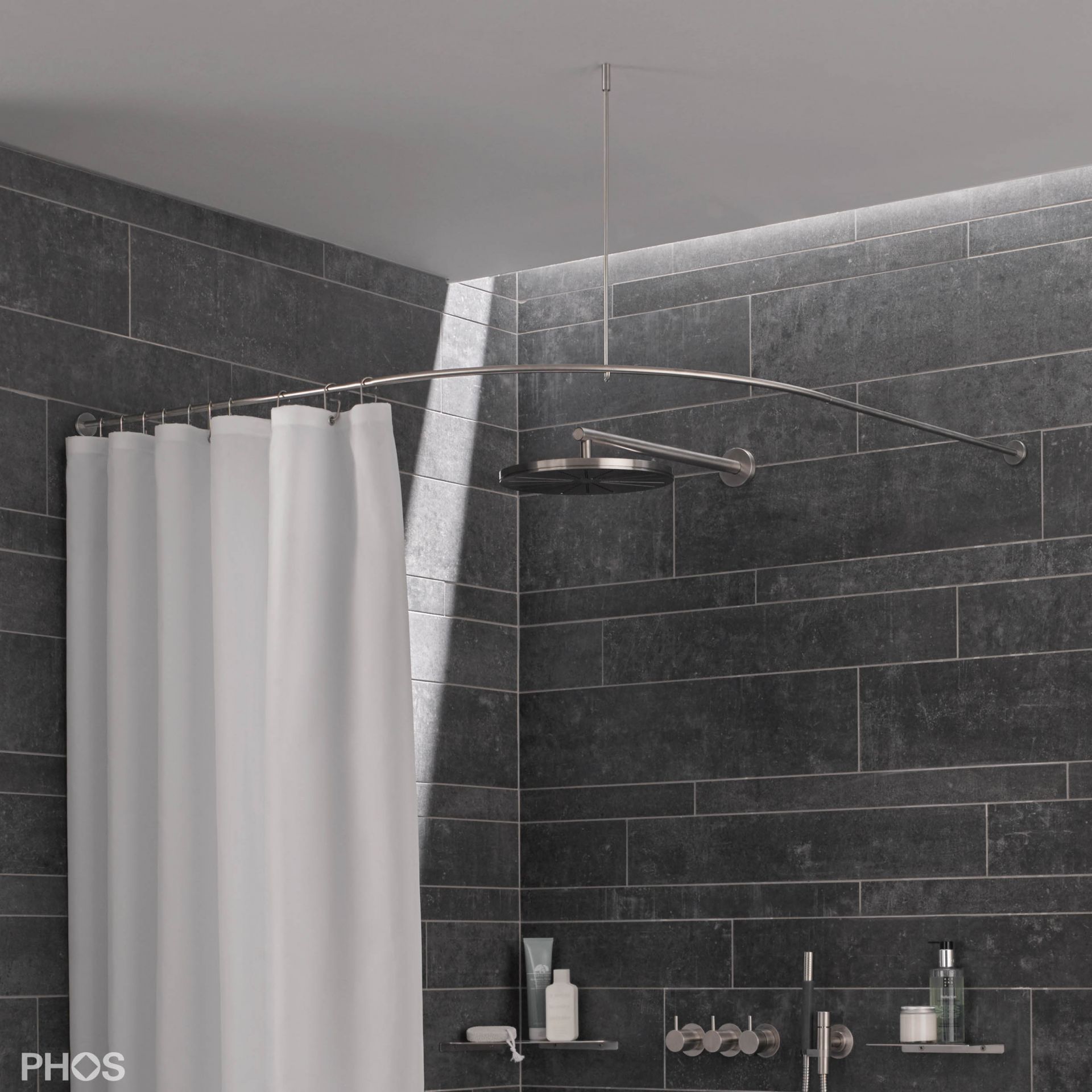 DSB550-1050K45 Карниз для душевой занавески четверть круга с радиусом дуги 55 см, 105 x 105 см для приклеивания к стене PHOS 