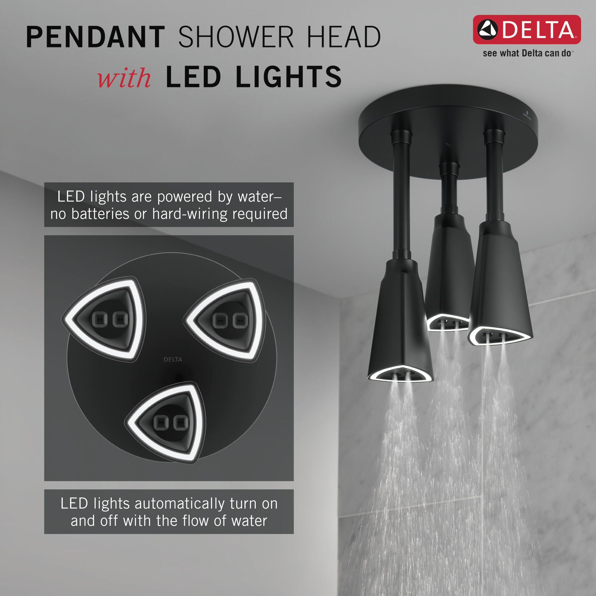 57140-BL25-L Подвесная душевая лейка Raincan со светодиодной подсветкой H2Okinetic® Delta Faucet Universal Showering Матовый черный  - Вид №2