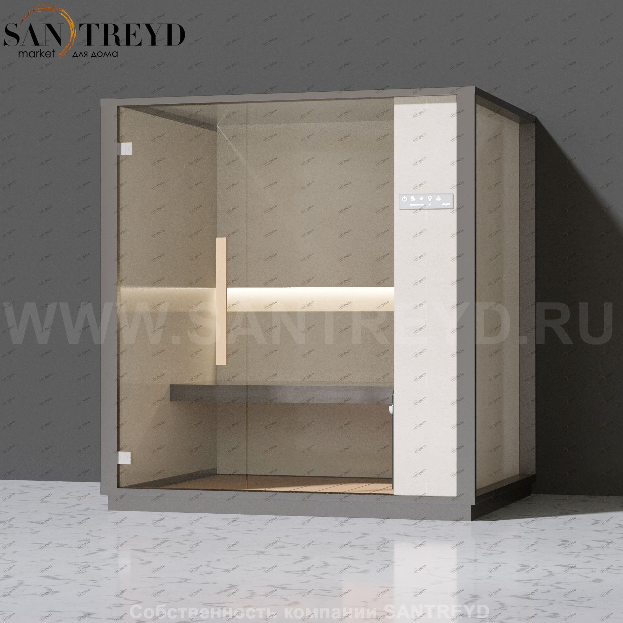 Effegibi ONE H LO60010001 Хаммам. Установка: к стене. Правая дверь. Мощность: 4,5 кВт макс. Размеры: длина 214 см, ширина 171 см. Отделка: матовый лакированный серый аллюминий и бежевый ламинат из керамогранита.