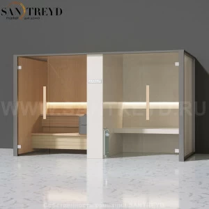 Effegibi LOGICAFILO SH LO41010001 Комбинированная баня: хаммам и сауна. Установка: к стене. Мощность: 10,5 кВт макс. Размеры: длина 373 см, ширина 171 см. Отделка: канадский хемлок, матовый лакированный серый аллюминий и бежевый ламинат из керамогранита.